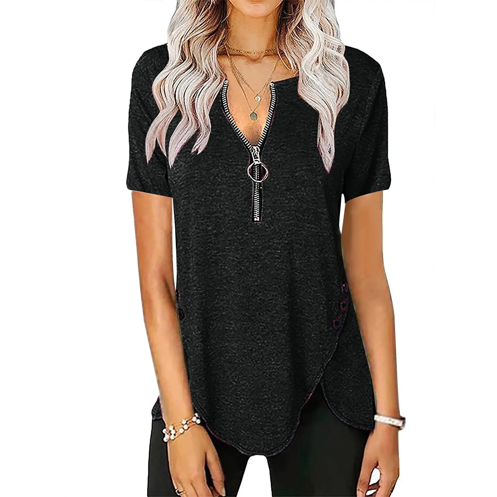 Women's V-Neck Zip Button Casual Short Sleeve Top