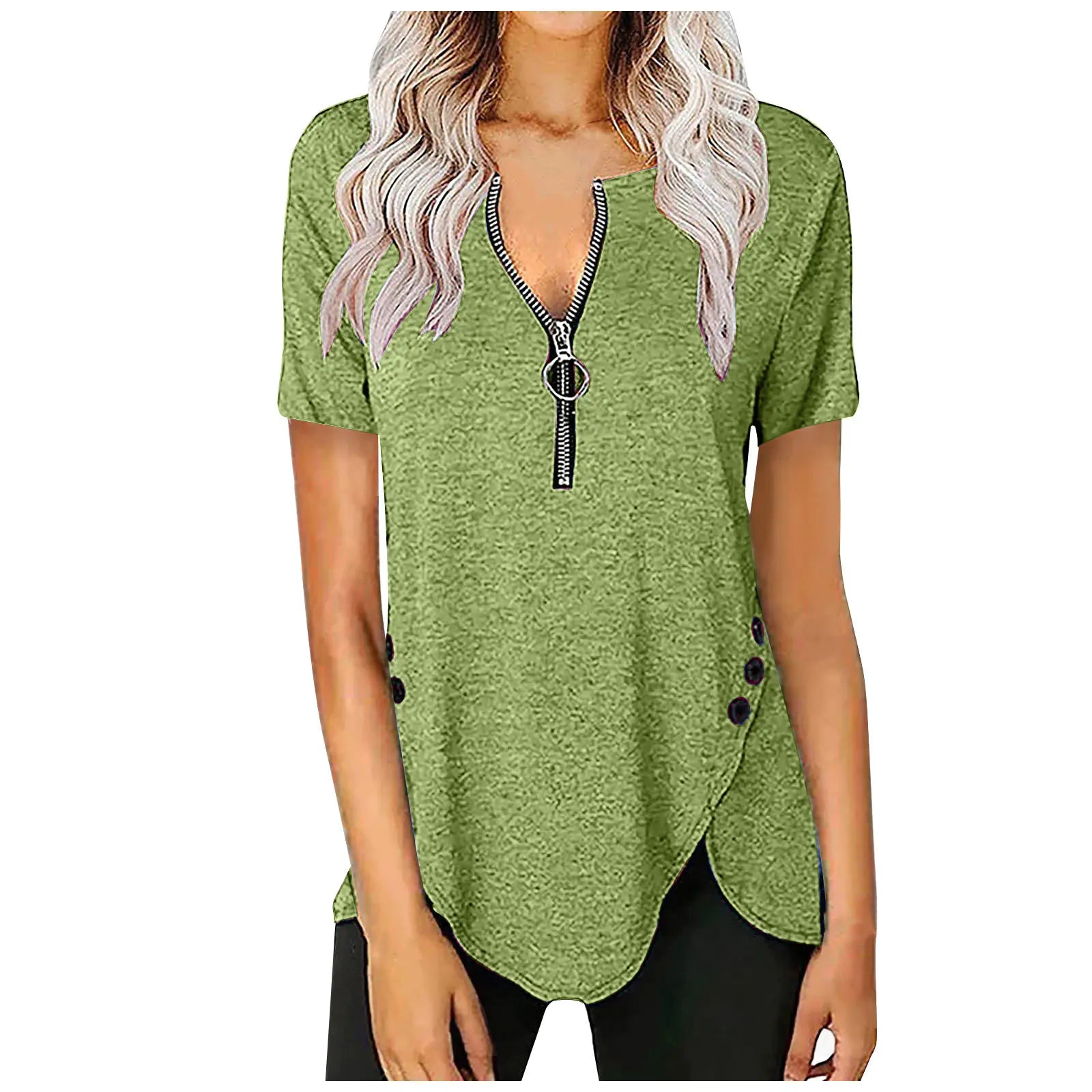 Women's V-Neck Zip Button Casual Short Sleeve Top