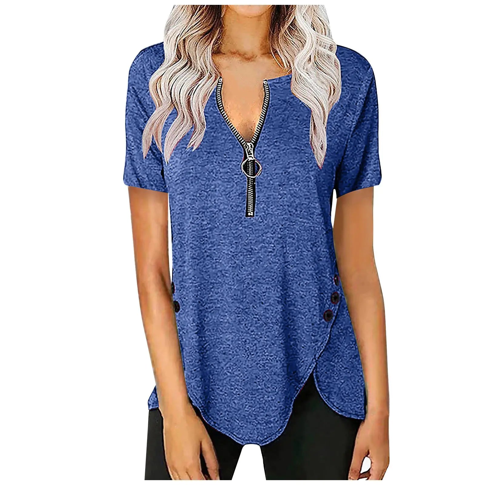 Women's V-Neck Zip Button Casual Short Sleeve Top