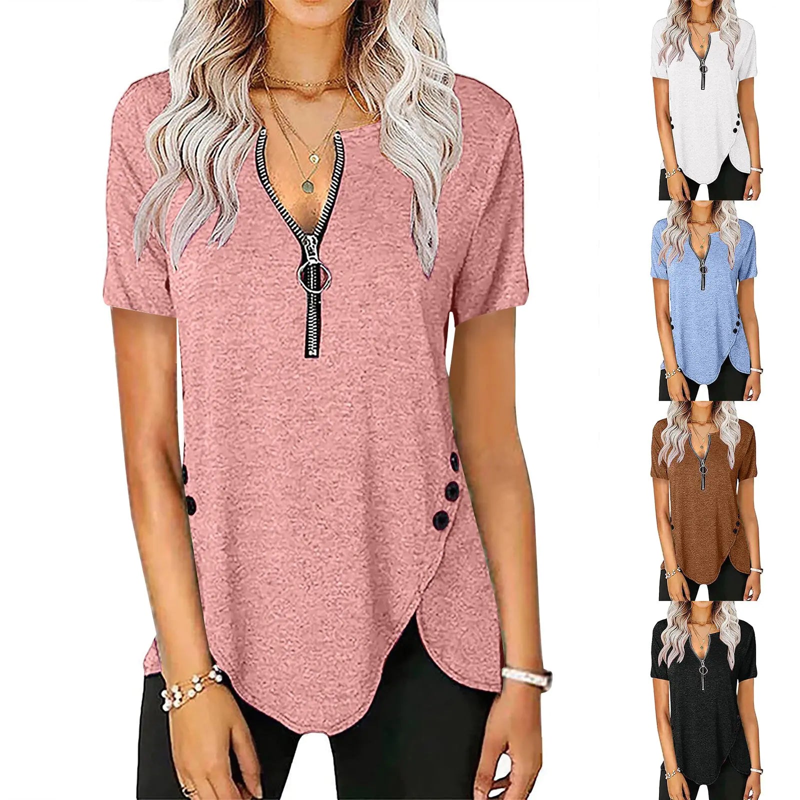 Women's V-Neck Zip Button Casual Short Sleeve Top
