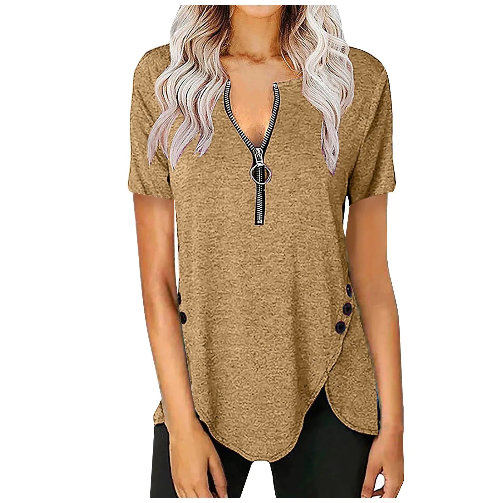 Women's V-Neck Zip Button Casual Short Sleeve Top