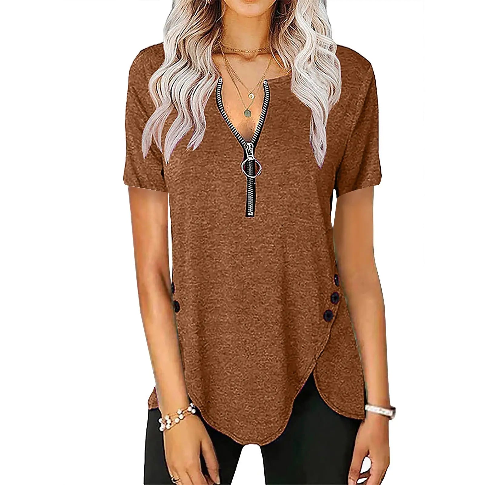 Women's V-Neck Zip Button Casual Short Sleeve Top