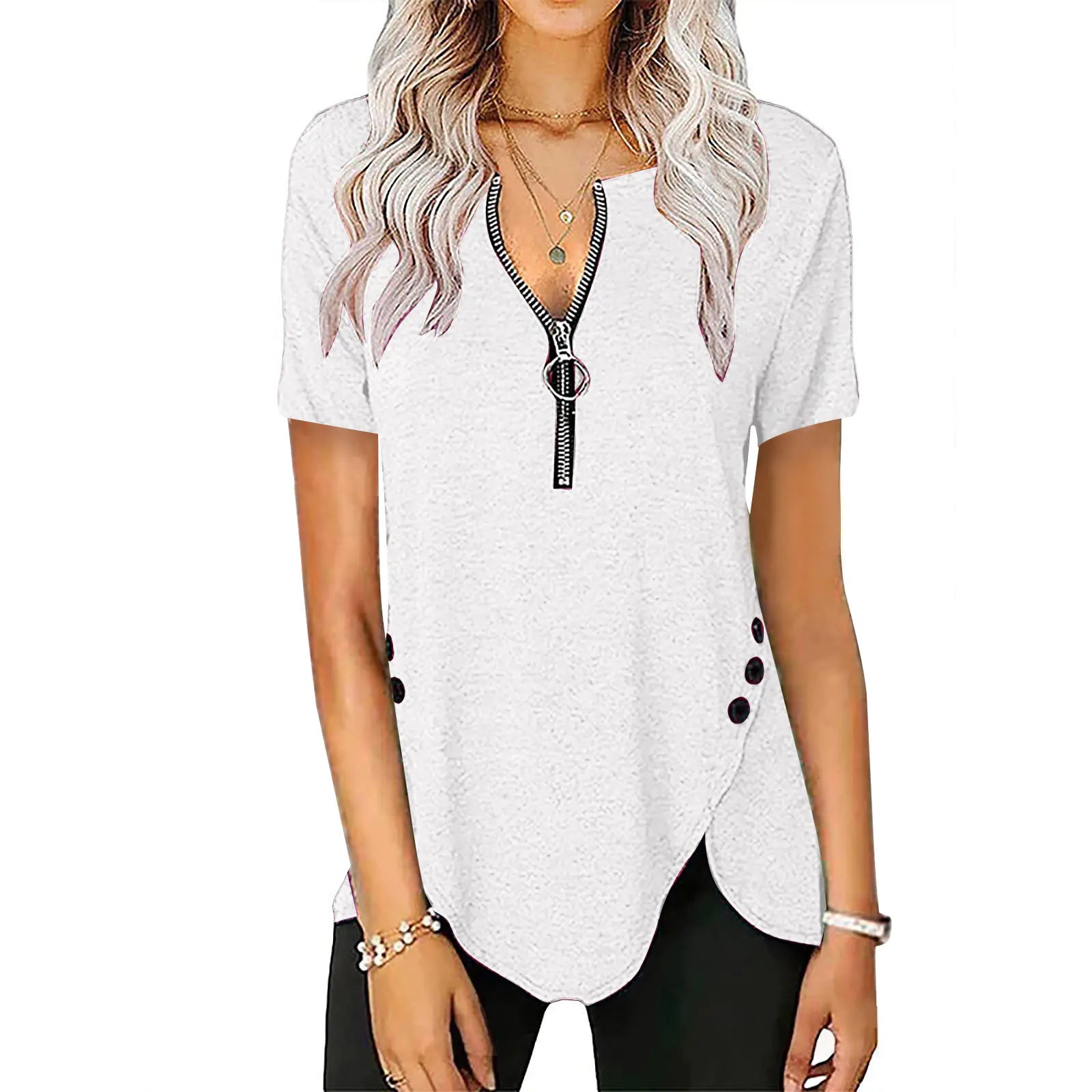 Women's V-Neck Zip Button Casual Short Sleeve Top
