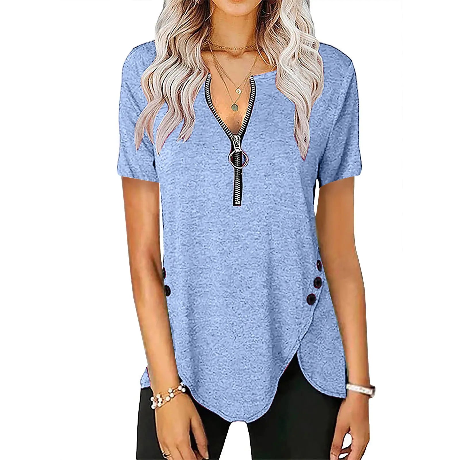 Women's V-Neck Zip Button Casual Short Sleeve Top