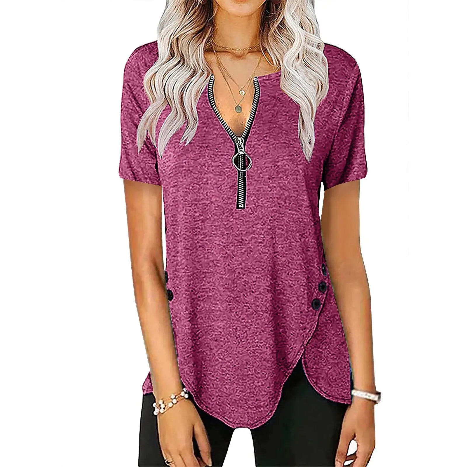 Women's V-Neck Zip Button Casual Short Sleeve Top