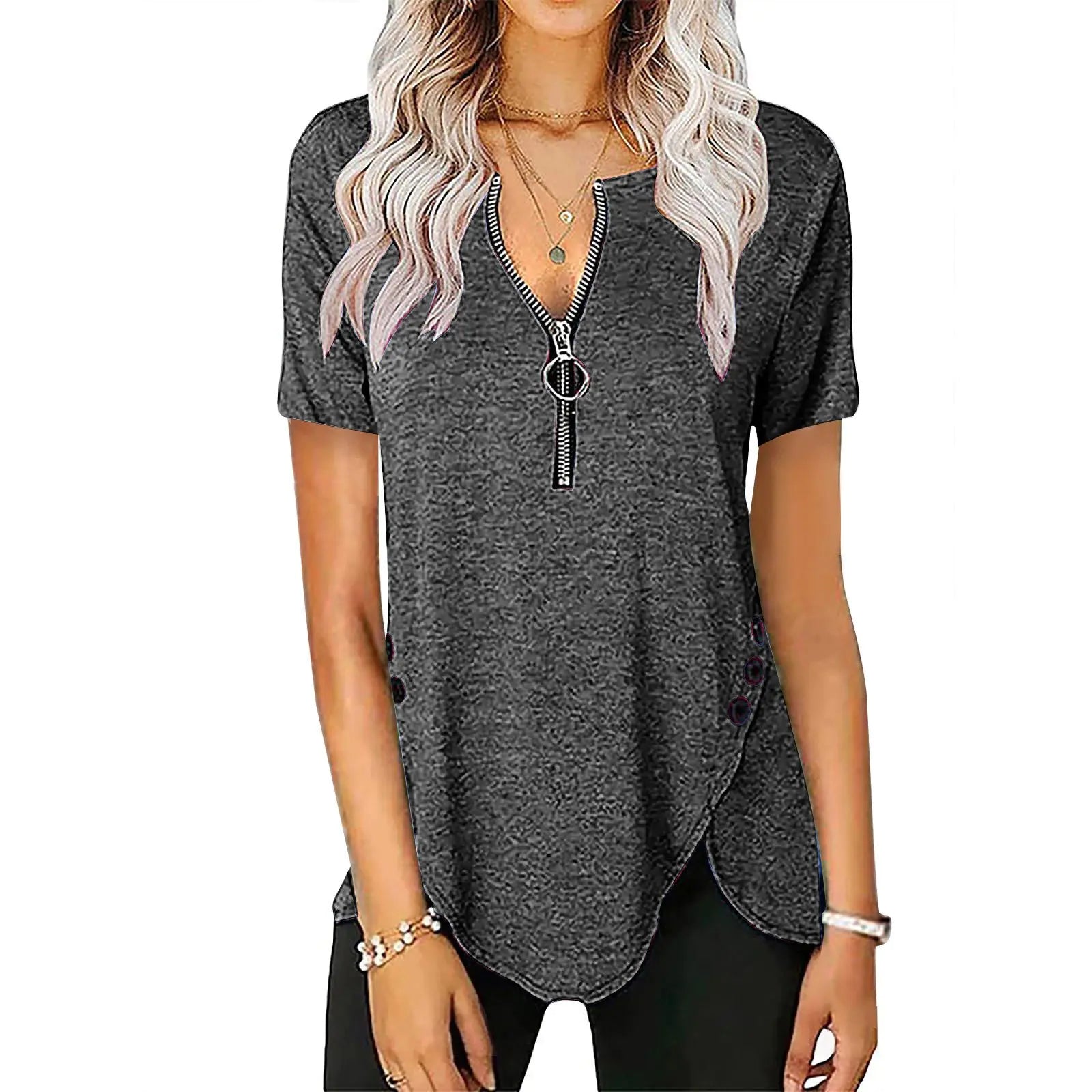 Women's V-Neck Zip Button Casual Short Sleeve Top