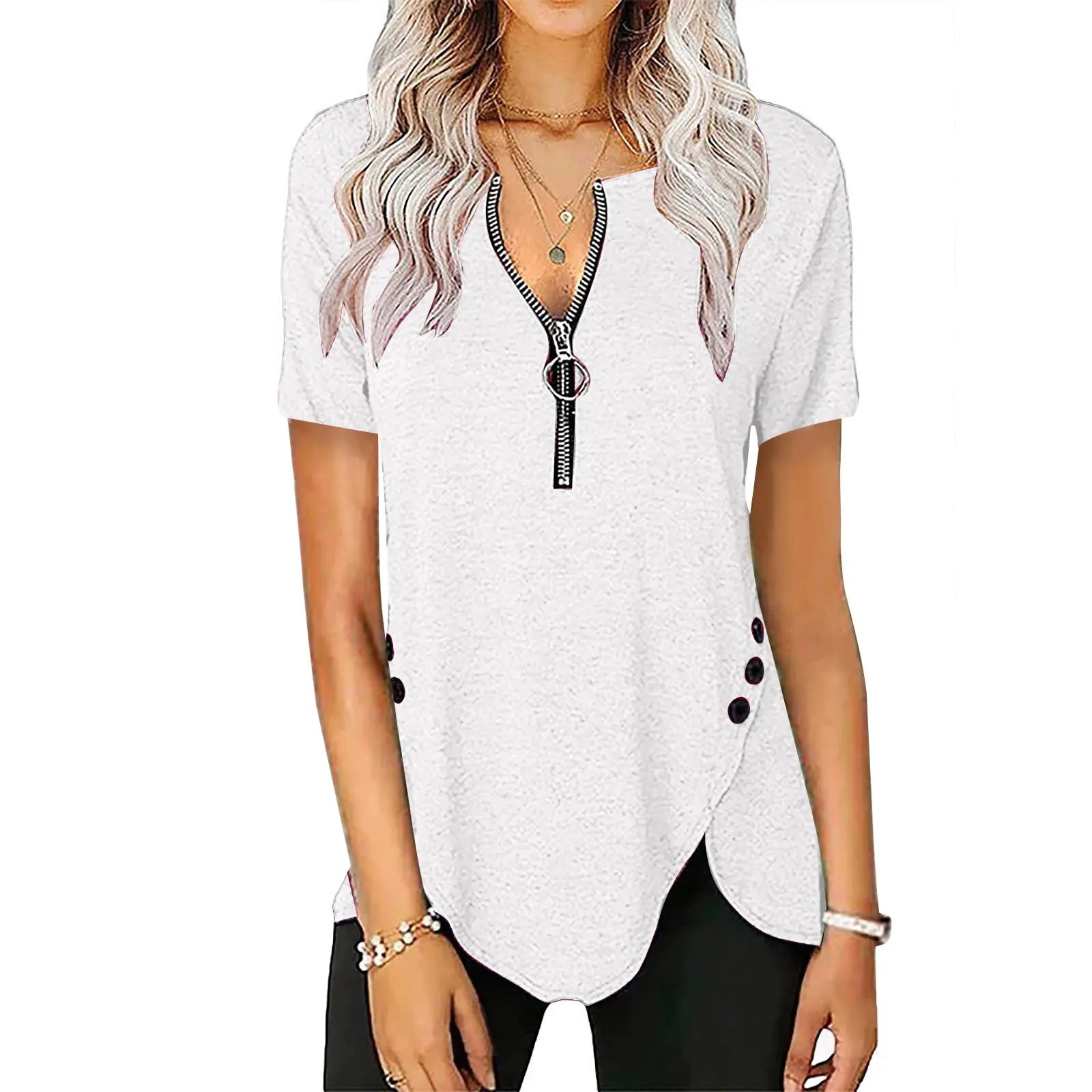 Women's V-Neck Zip Button Casual Short Sleeve Top