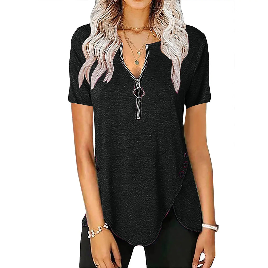 Women's V-Neck Zip Button Casual Short Sleeve Top