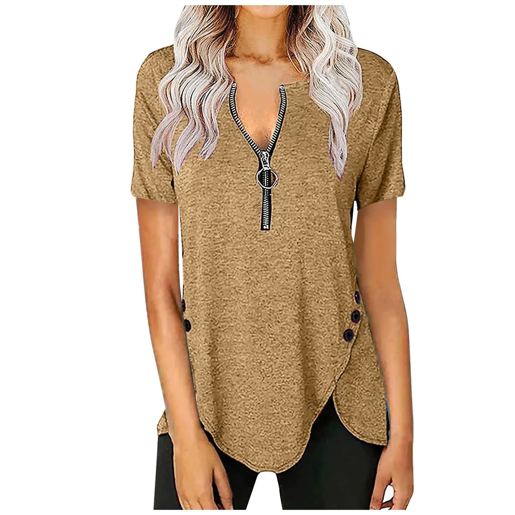 Women's V-Neck Zip Button Casual Short Sleeve Top